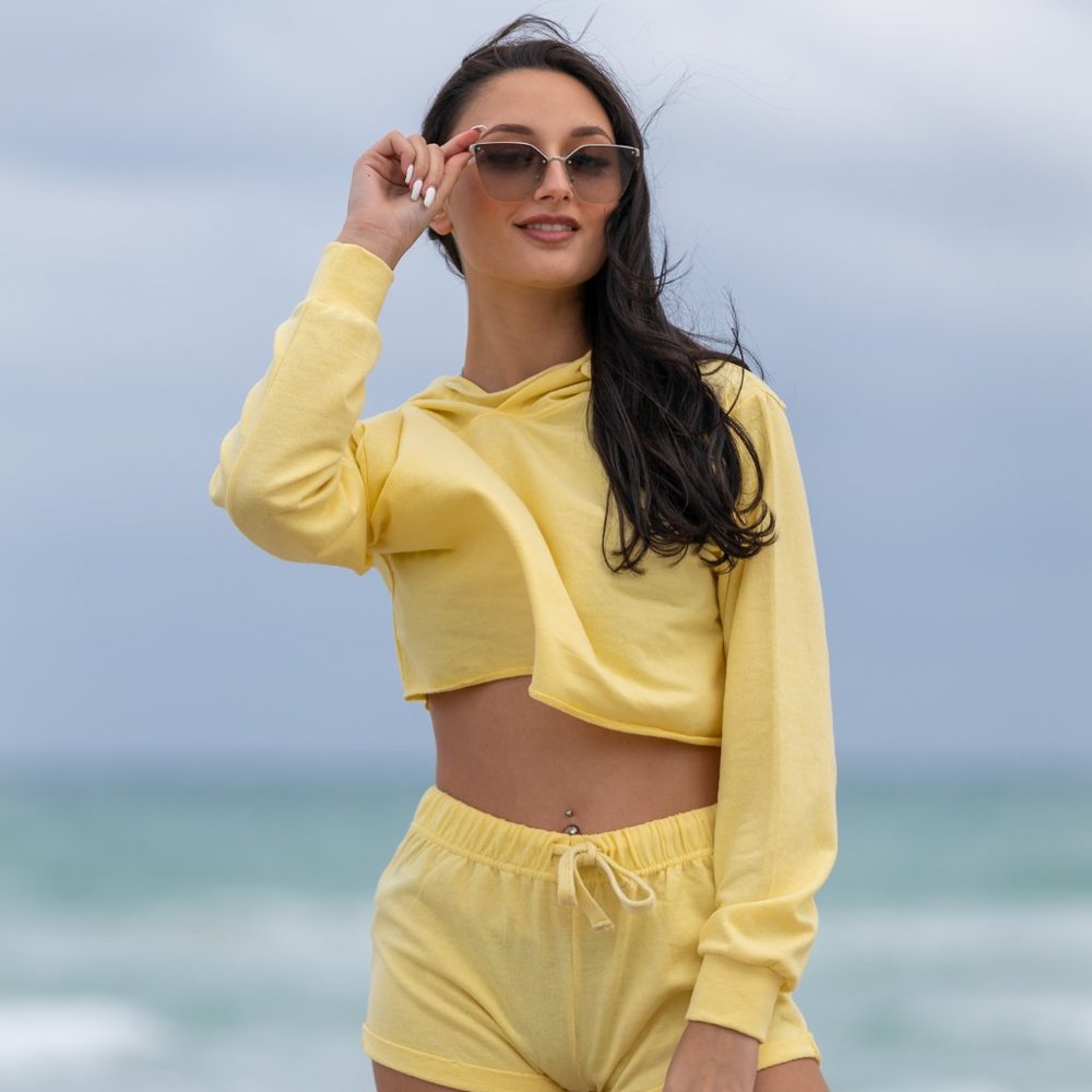 Yellow Long Sleeve Hoodie and Shorts Two Piece Set
